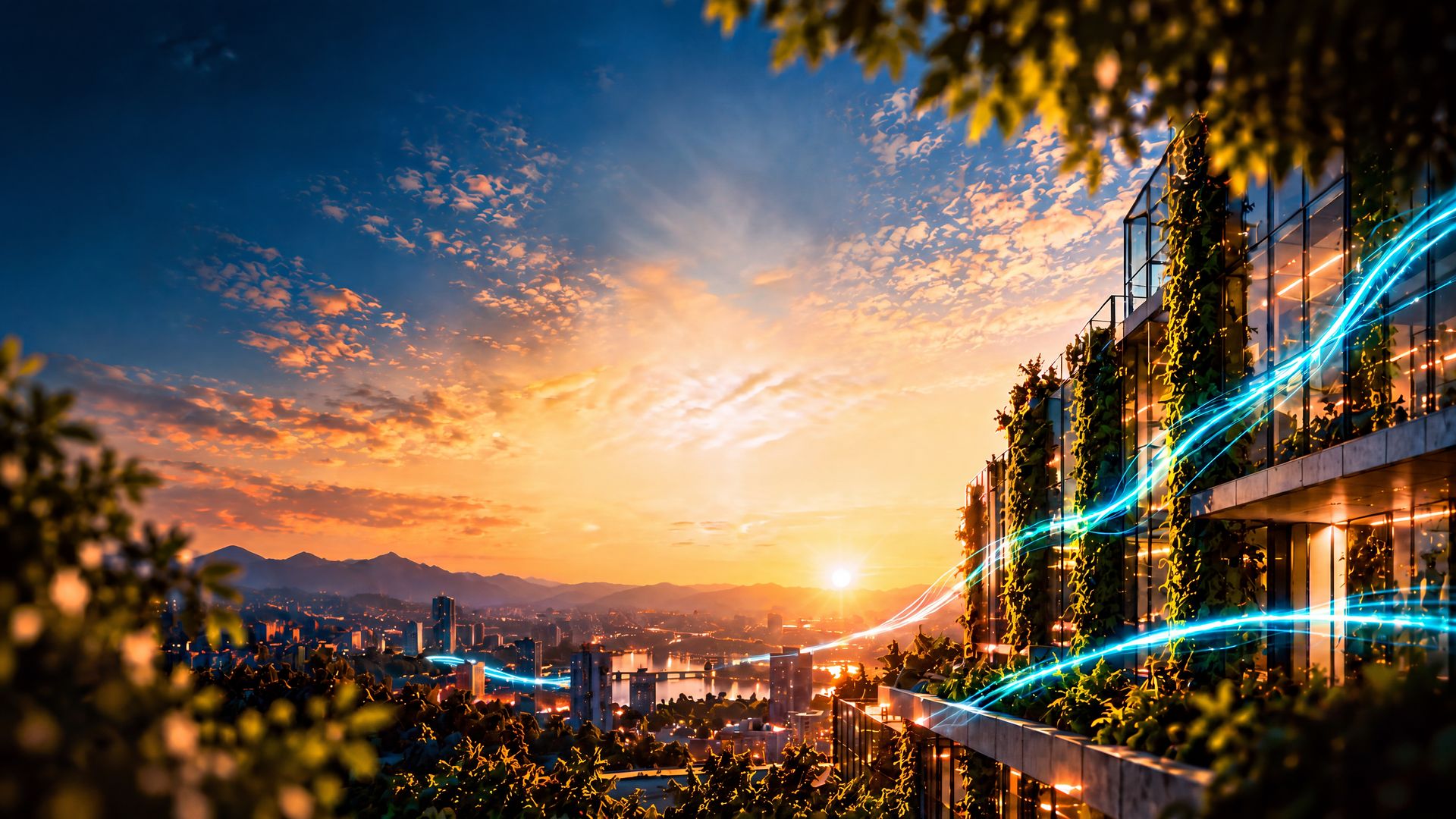Città al tramonto: dall'edificio in primo piano partono flussi di energia luminosi